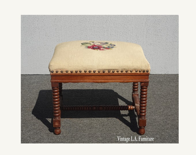 Vintage French Tan Floral Tapestry Bench Stool Decorative Nails & Bobbin Legs