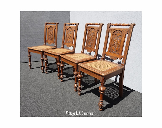 Set Four Antique French Country Brown Oak Cane Dining Chairs w Carved Backrests