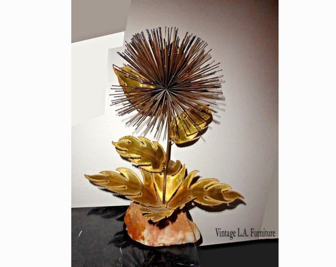 Vintage Mid Century C. Jere Starburst Sculpture w Leafs on Quartz Stone Base
