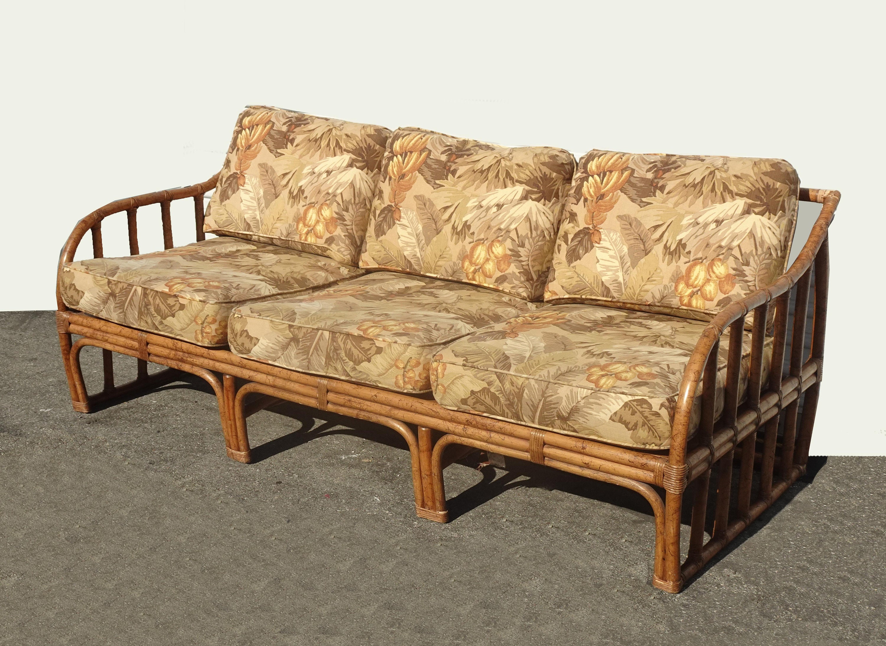 Vintage Mid Century Modern Bamboo Rattan Ficks Reed Brown Floral Sofa Settee Vintage Mid Century Modern Bamboo Rattan Ficks Reed Brown Floral Sofa Settee