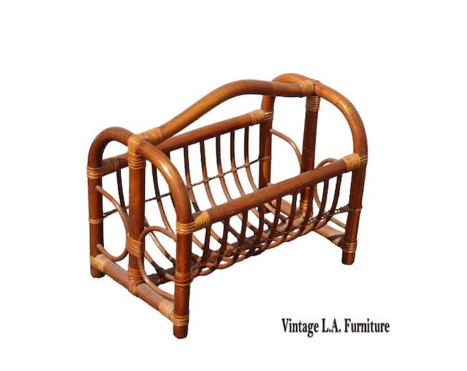 Vintage Mid Century Modern Bamboo Rattan Magazine Rack