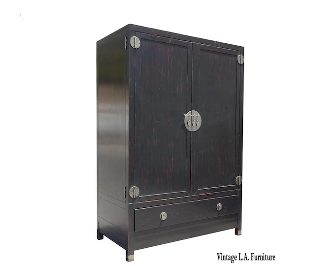 Vintage Asian Baker Furniture Black Lacquer Entertainment Storage Cabinet Armoir