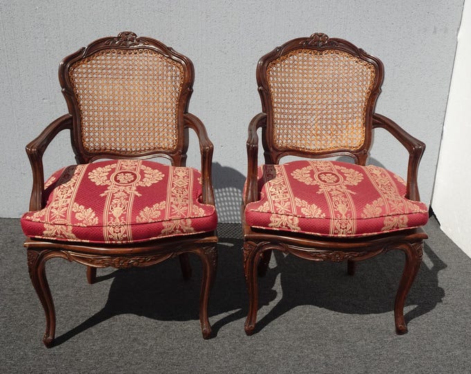 Pair of Vintage French Cane Chairs Made in Italy w Red Cushions