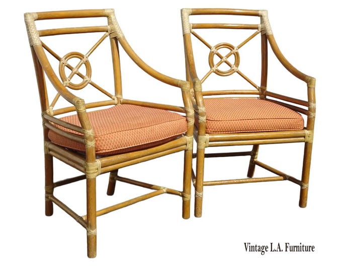 Pair Vintage McGuire Mid Century Target Bamboo Arm Chairs Dining Chairs Leather