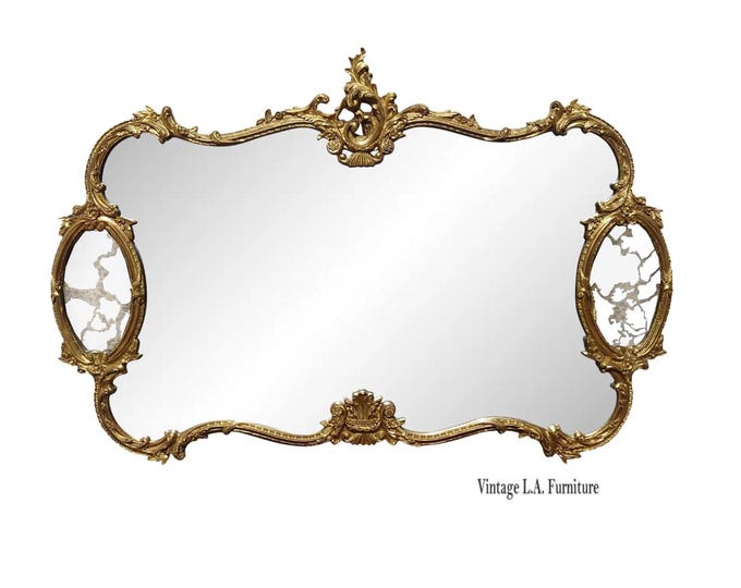 Vintage French Rococo Louis XV Gold Wall Mantle Mirror Scrolled Flourishes
