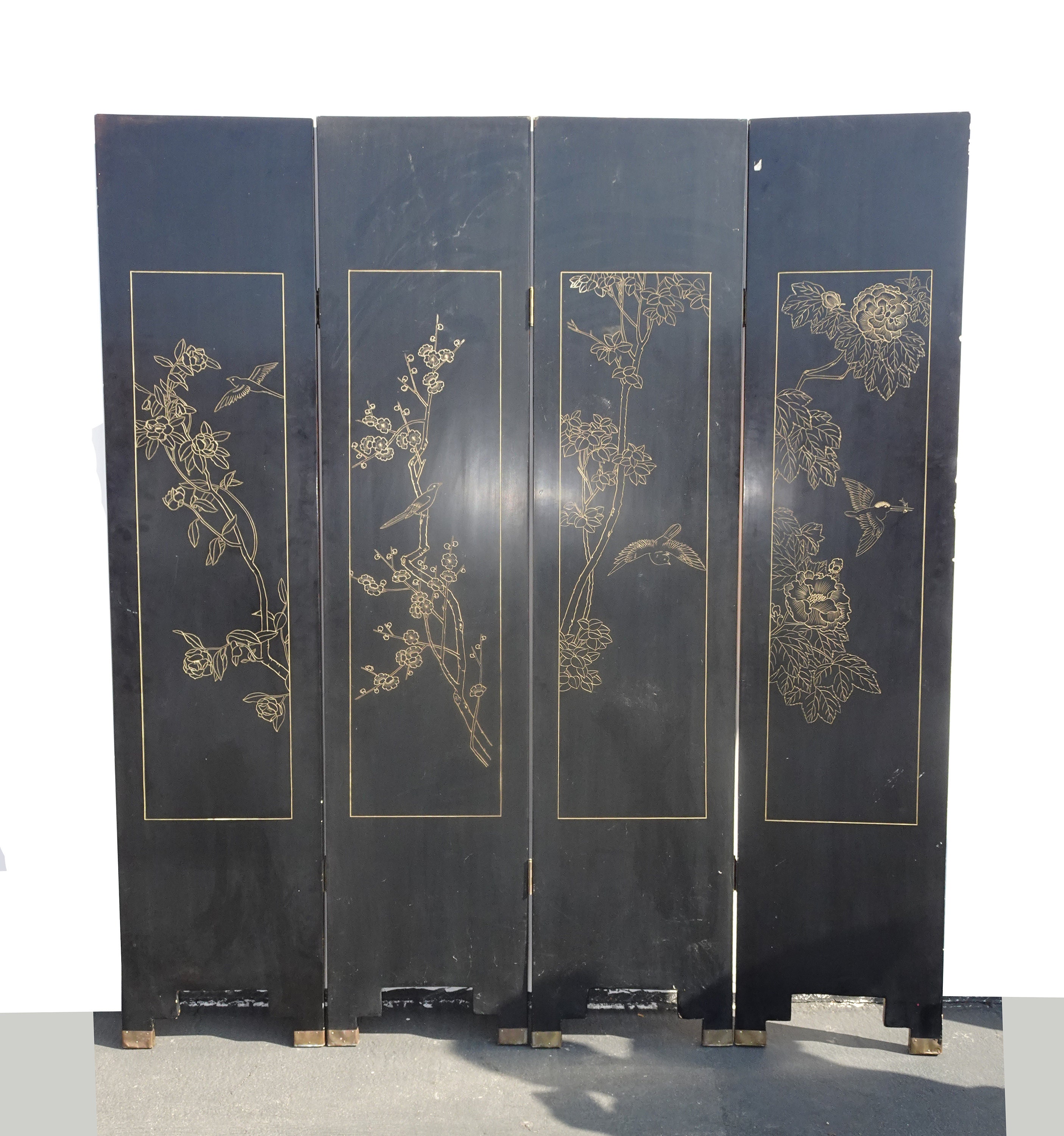 Vintage Oriental Asian Black Coromandel 4 Panel Screen Room Divider w Women