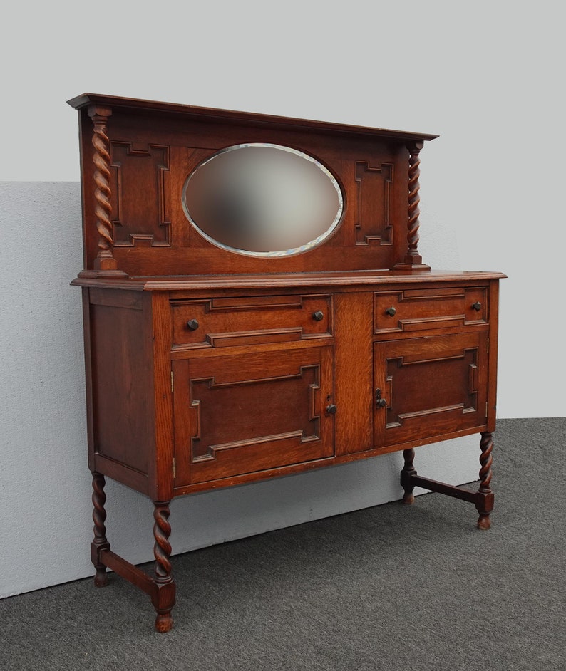 Antique Barley Twist Oak Wood Sideboard Buffet With Mirror Backsplash