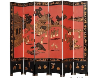 84"Tall Vintage Six Panel Oriental Asian Red Folding Screen Room Divider Palace