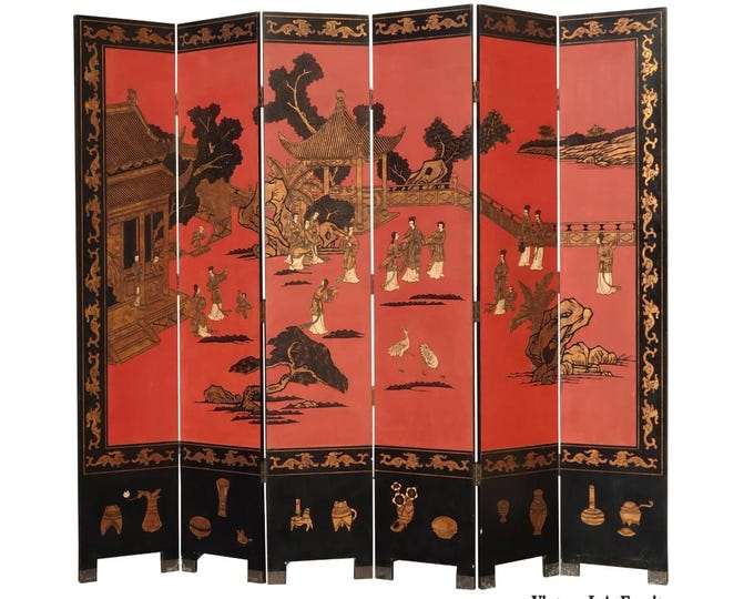 84"Tall Vintage Six Panel Oriental Asian Red Folding Screen Room Divider Palace