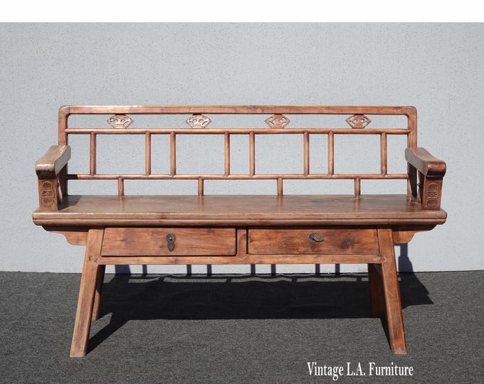 Vintage Rustic Chinoiserie Teak Two Seater Bench w Two Drawers