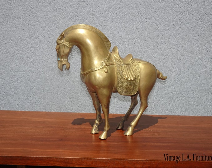 Vintage Oriental Asian Influence Brass Horse Statue Figurine 11" Tall