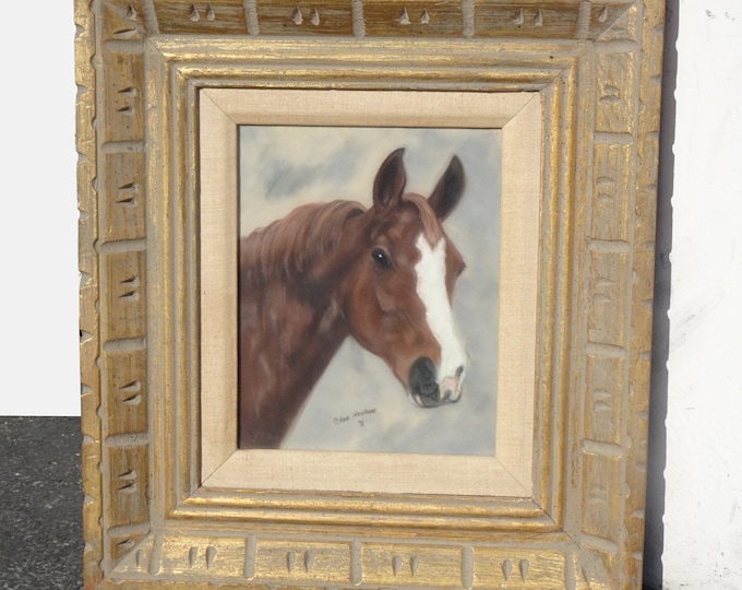 Vintage French Pastel Wall Picture Print of a Horse signed by Char Henson 1971