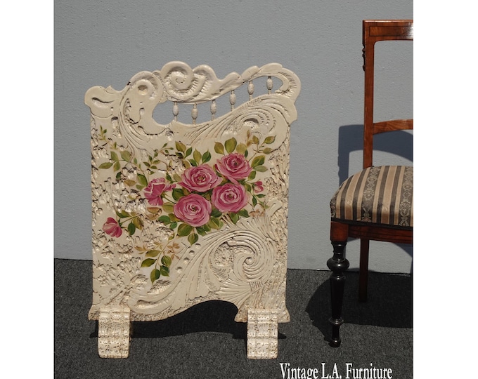 Vintage French Country White Wood Pink Floral Fireplace Screen Room Decor