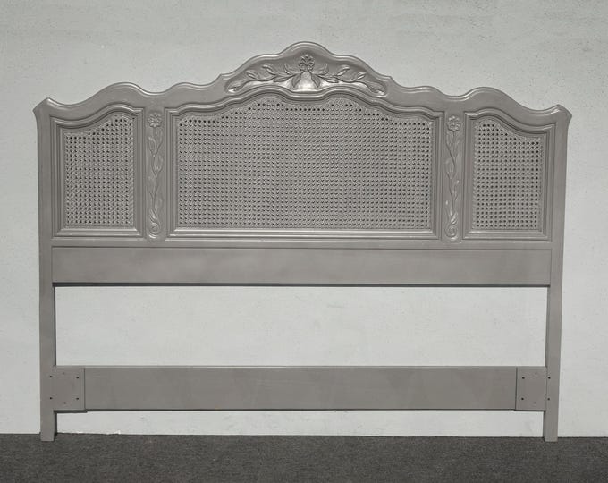 Vintage By Drexel ~ French Country Gray Ornate Cane Queen Headboard