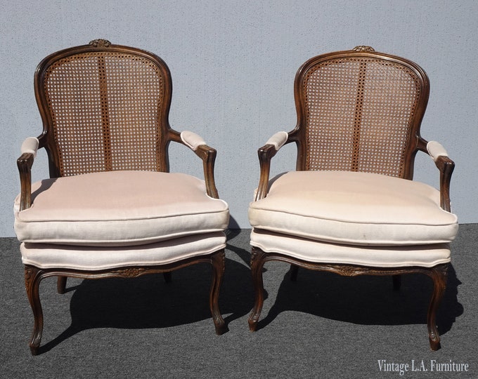 Pair of French Provincial French Louis Bergere Tan Cane Chairs