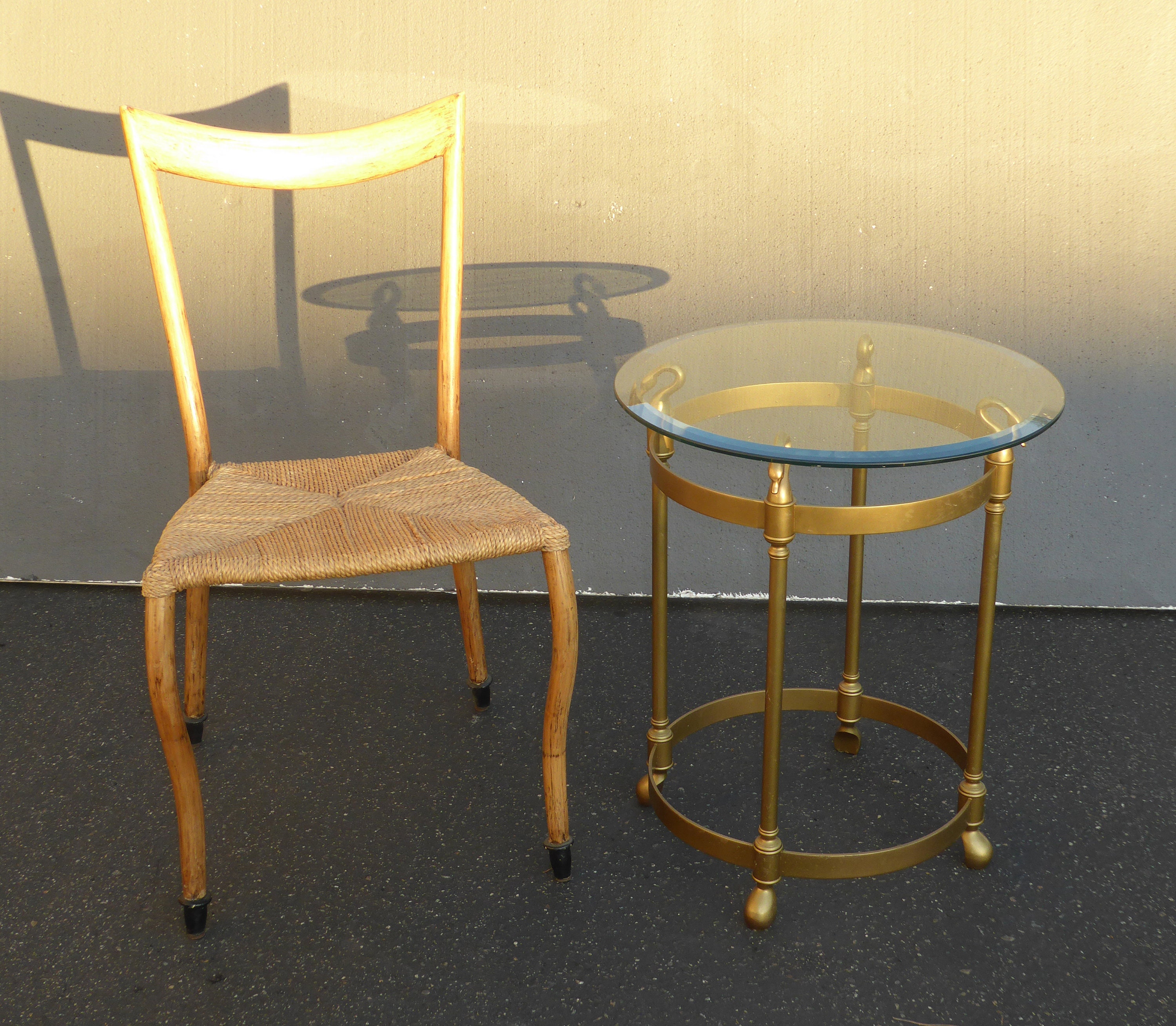 Vintage French Provincial Brass Swan Heads End Side Table w Bevel Glass Top