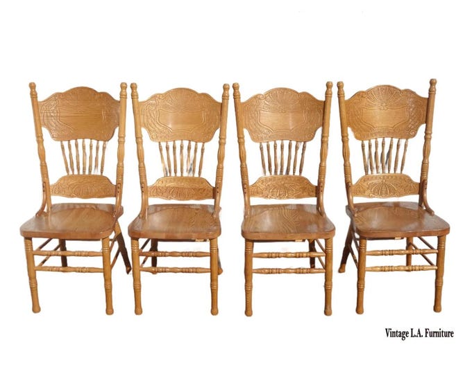 Set of Four Vintage Golden Oak Pressed Back Dining Room Chairs ~ French Country