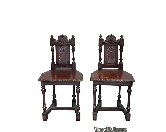 Pair of Two Vintage Spanish Style Ornately Carved Accent Chairs