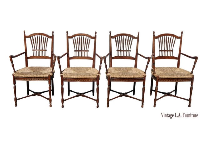 Set of Four Vintage Rustic French Country Rush Seat Wheat Sheaf Arm Chairs