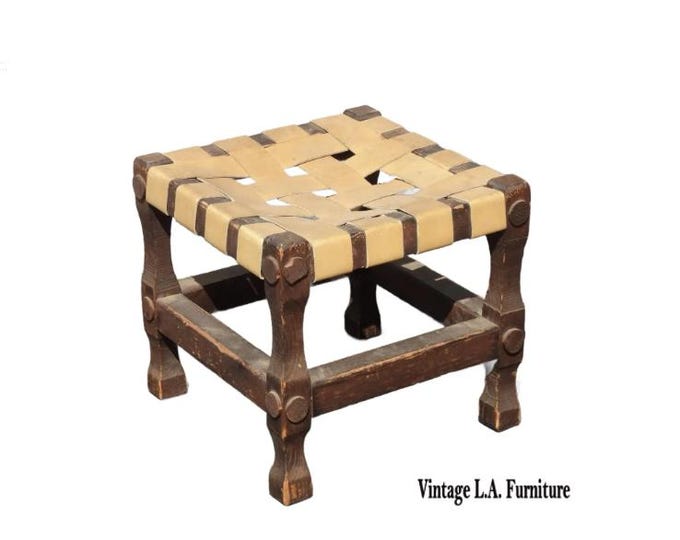 Vintage Rustic Spanish Style Stool Bench with Leather Straps