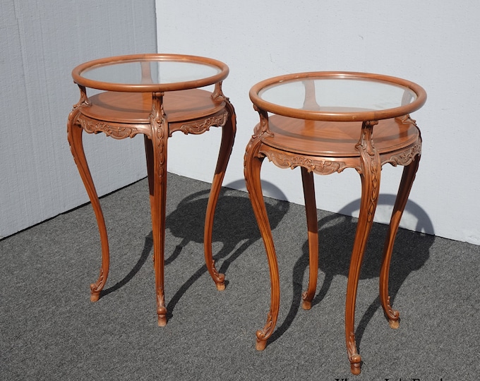 Vintage French Rococo Louis XVI Style Brown Ornately Carved Side Tables Two Tier