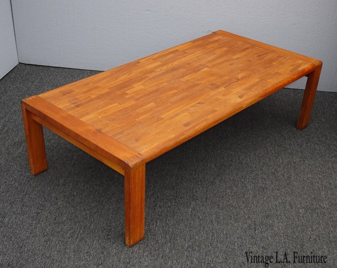 Vintage Danish Mid Century Modern Brown Coffee Table w Inlaid Wood