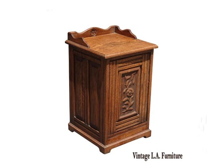 LH24  Vintage Oak French Country Scuttle w Fold out Door File Cabinet End Table