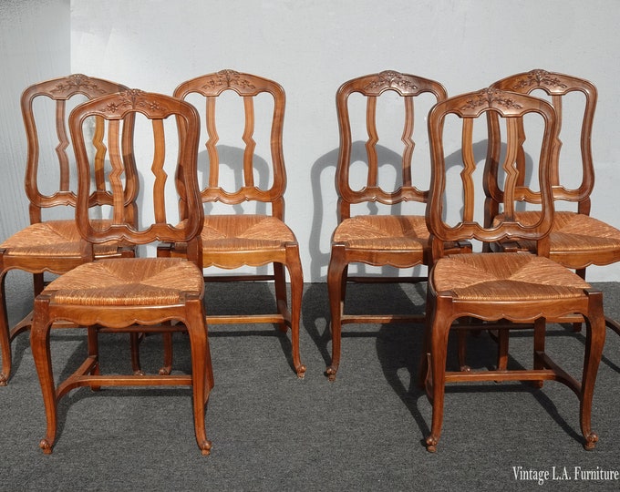 Set of Six Antique French Rush Brown Dining Chairs