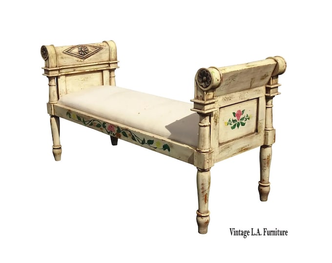 Vintage French Country Creme White Bench ~ Hand Painted Antique Finish Floral