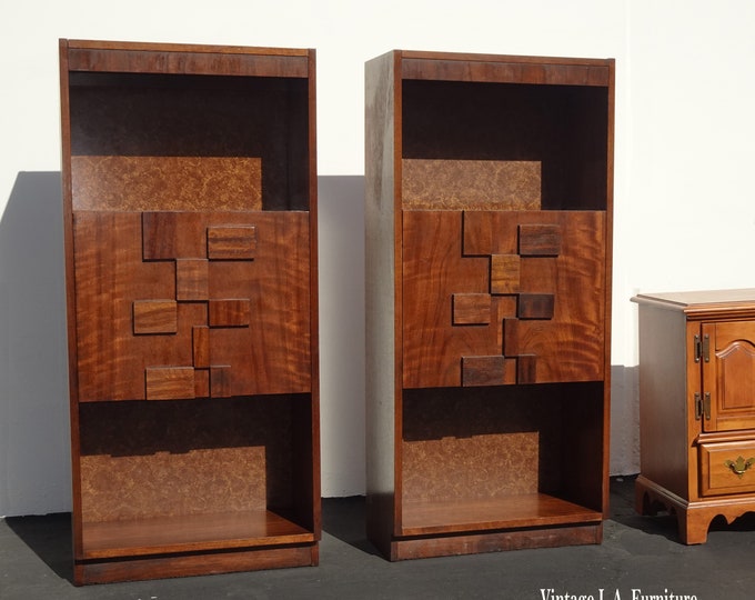 Pair of Brutalist Staccato Vintage Mid Century Modern Brown Nightstands Cabinets