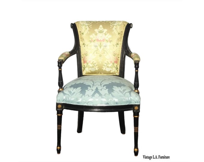 Vintage French Provincial Louis XVI Style Blue & Yellow Bergere Side Chair