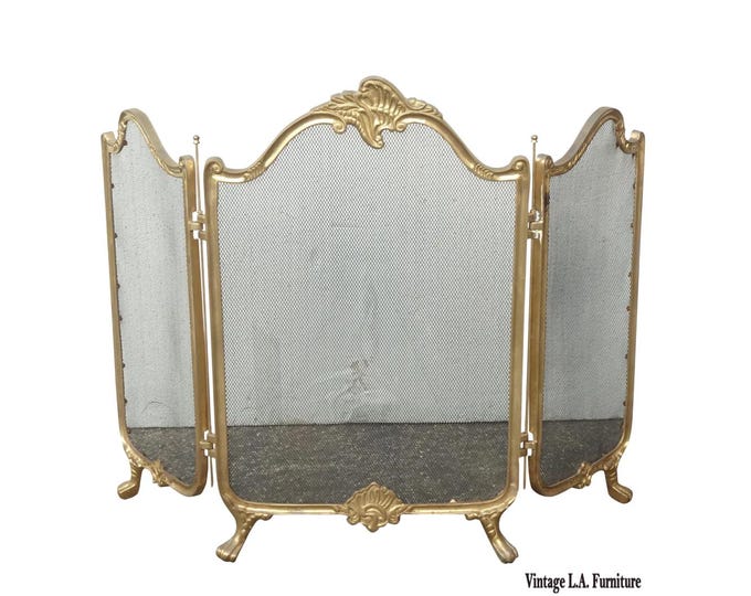 Vintage French Provincial Gold Brass Three Panel Fireplace Screen