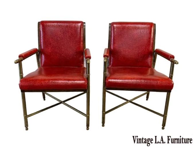 Chairs ~ Pair Vintage Mastercraft Style Red Hollywood Regency Brass Arm Chairs