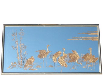 Vintage Oriental Asian Hollywood Regency Wall Mirror w Etched Gold Crane Birds