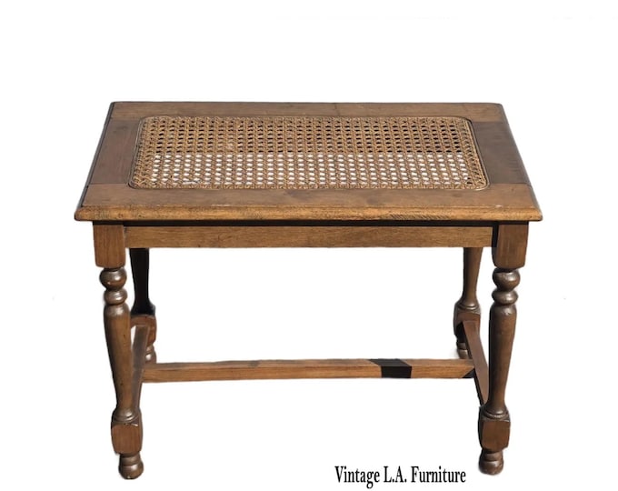 Vintage French Country Brown Cane Piano Bench Stool