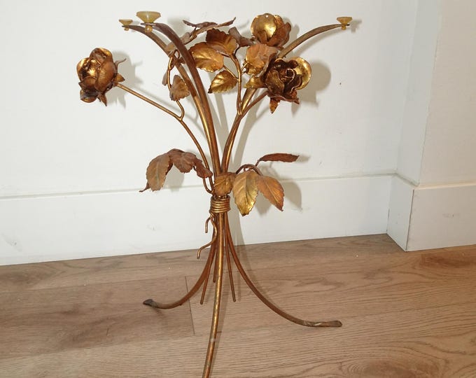 Vintage French Country Italian Gold Gilt Tole Side End Table Made n Italy Roses