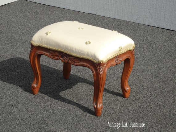Vintage French Country off White Satin Footstool With Green Bumble