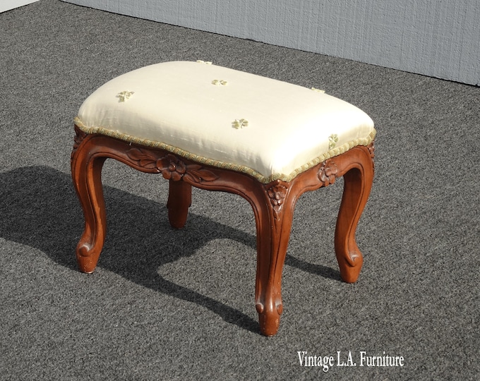 Vintage French Country Off White Satin Footstool with Green Bumble Bees
