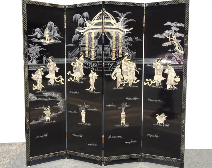 Vintage Oriental Asian Black Mother of Pearl Four Panel Screen Room d Divider