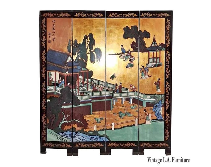 Vintage Oriental Asian City Coromandel Chinoiserie Gold Four Panel Screen Signed