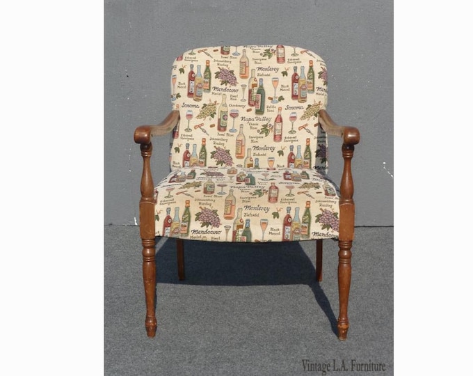 Vintage Accent Arm Chair French Country w/ Wine Bottles & Wine Glasses Fabric