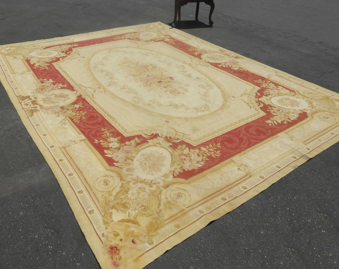 Large Vintage Hand Knotted Tan Floral Aubusson Tapestry Area Rug Made In France