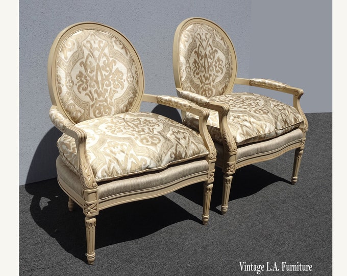 Pair Classic Henredon Silk Down Accent Chairs Large French Louis XVI Bergere