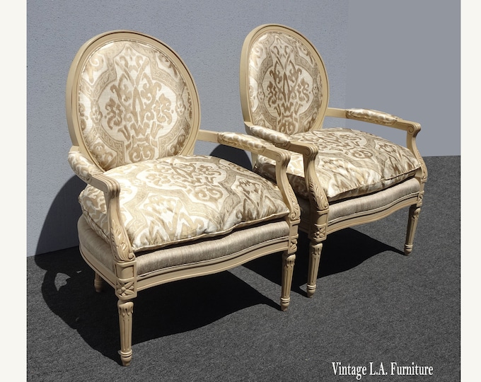 Pair Classic Henredon Silk Down Accent Chairs Large French Louis XVI Bergere