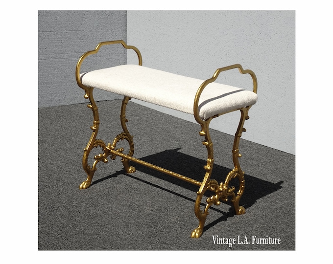 Vintage Victorian Hollywood Regency Gold Cast Iron Bench New White Linen Fabric