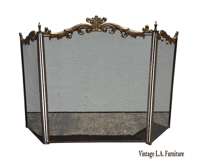 Vintage French Country Metal & Mesh Gold Fireplace Screen