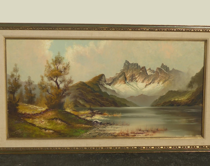 Original Vintage Oil on Canvas Mountain Lake Picture Painting by Martin Wijmer