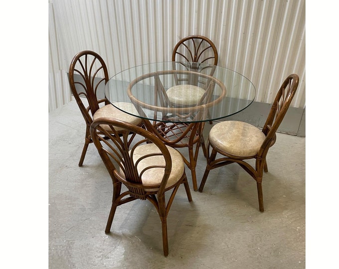 Vintage Tiki Palm Beach Boho Chic Bamboo Rattan Dining Room Table & Four Chairs