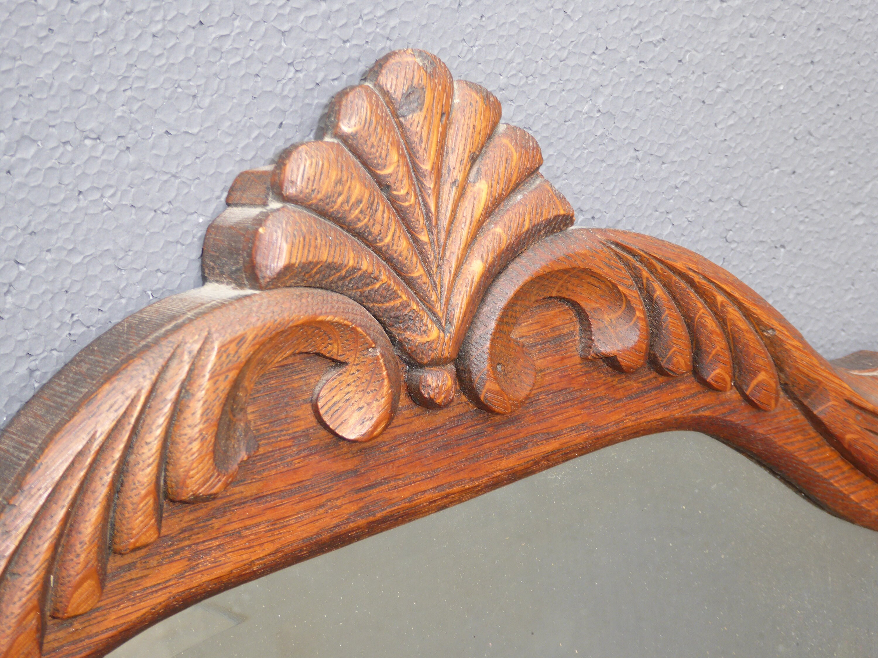 Antique Vintage Oak Wood Beveled Glass Wall Mantle Mirror