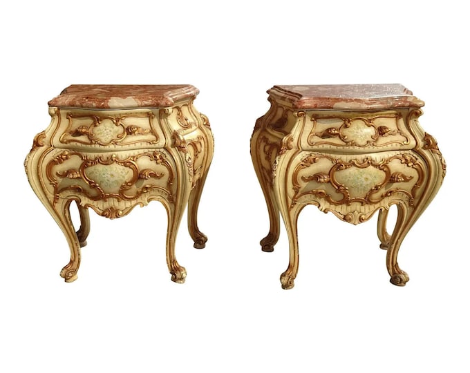 Vintage French Louis XVI Ornate Rococo Gold Nightstands w Marble Table Tops